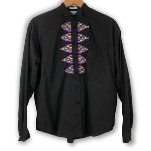 Black Button-Down Shirt with Multicolor Embroidery